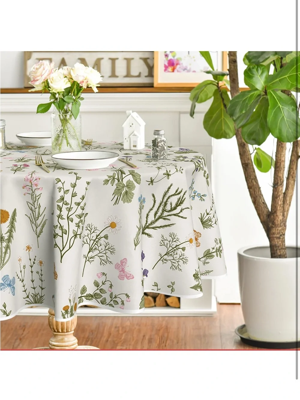 NEW Horaldaily Spring Tablecloth 90” Round Watercolor Wildflowers Herbs Washable